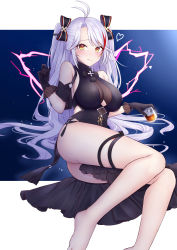 Rule 34 | 1girl, absurdres, alcohol, antenna hair, ass, azur lane, barefoot, black dress, black gloves, blush, bow, breasts, center opening, clothing cutout, cross, dress, gloves, heart, highres, iron cross, jyu-so, light purple hair, long hair, looking at viewer, mole, mole on breast, multicolored bow, multicolored hair, official alternate costume, outside border, prinz eugen (azur lane), prinz eugen (cordial cornflower) (azur lane), red hair, see-through, shoulder cutout, solo, streaked hair, thigh strap, twintails, two-tone hair, underboob cutout, very long hair, whiskey, yellow eyes