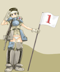 Rule 34 | blue eyes, cecilia glinda miles, flag, gloves, goggles, gun, hat, panties, shirt, short hair, sleeves rolled up, strike witches, striker unit, underwear, weapon, witches of africa, world witches series