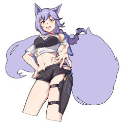 Rule 34 | 1girl, :d, absurdres, animal ears, arknights, bare shoulders, black shorts, blz buluozhang, braid, commentary, crop top, cropped legs, fang, hand on own hip, highres, hip vent, holster, large tail, long hair, looking at viewer, midriff, navel, official alternate costume, open mouth, provence (arknights), provence (casual vacation) (arknights), purple hair, shirt, short shorts, short sleeves, shorts, simple background, smile, solo, standing, stomach, tail, thigh holster, thighs, white background, white shirt, wolf ears, wolf tail, yellow eyes