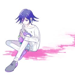 Rule 34 | 1202 koge, 1boy, arm belt, bandaged fingers, bandages, belt, black footwear, blood, blood stain, blue bow, bouquet, bow, buttons, closed mouth, collarbone, commentary request, danganronpa (series), danganronpa v3: killing harmony, double-breasted, flower, full body, hair between eyes, holding, holding bouquet, jacket, layered sleeves, light frown, long sleeves, looking at hand, male focus, multicolored buttons, multiple belts, no scarf, oma kokichi, pants, pink blood, purple eyes, purple flower, purple footwear, purple hair, sad, shoes, short hair, simple background, sitting, solo, thigh belt, thigh strap, two-tone footwear, white background, white belt, white jacket, white pants, white sleeves