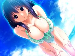 Rule 34 | 00s, 1girl, aneimo, aneimo neo + second sister, bare shoulders, beach, bent over, bikini, blue hair, blush, breasts, cameltoe, cleavage, cloud, day, dutch angle, frilled bikini, frills, front-tie top, game cg, hinata sakura, huge breasts, large breasts, legs, looking at viewer, ocean, one-piece swimsuit, outdoors, pink eyes, shinonome kazuhiko, short hair, sky, smile, solo, sweat, swimsuit, thigh gap, thighs, water