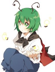 Rule 34 | 1girl, antennae, black cape, blue shorts, bug, cape, collared shirt, commentary request, feet out of frame, firefly, flat chest, green eyes, green hair, highres, insect, long sleeves, looking at viewer, open mouth, red cape, sasaki sakiko, shirt, short hair, shorts, simple background, solo, touhou, two-sided cape, two-sided fabric, white background, white shirt, wriggle nightbug