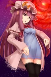 Rule 34 | 1girl, adapted costume, anata (lighttuner), black thighhighs, bow, breasts, crescent, crescent hair ornament, energy ball, gradient background, hair ornament, hat, highres, knees together feet apart, legs together, long hair, looking at viewer, mob cap, nightgown, parted lips, patchouli knowledge, purple background, purple eyes, purple hair, shirt, small breasts, solo, standing, thigh gap, thighhighs, touhou, very long hair, zettai ryouiki