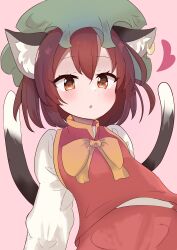 Rule 34 | 1girl, :o, absurdres, animal ear fluff, animal ear piercing, animal ears, blush, brown eyes, brown hair, cat ears, cat tail, chen, commentary request, dot nose, double-parted bangs, earrings, fang, flat chest, green hat, hat, heart, heart in eye, highres, jewelry, leaning back, long sleeves, mob cap, multiple tails, nekomata, pink background, puffy long sleeves, puffy sleeves, red skirt, red vest, short hair, simple background, single earring, skin fang, skirt, skirt set, solo, sonanoka, symbol in eye, tail, touhou, two tails, vest