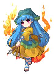 Rule 34 | 1girl, blue hair, blush, closed mouth, commentary, dress, edz drawz, english commentary, full body, green headwear, haniyasushin keiki, head scarf, long hair, looking at viewer, lowres, pixel art, pocket, red eyes, smile, solo, touhou, transparent background, wood carving tool, yellow dress, youzikk (style)