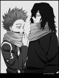 Rule 34 | 2boys, bags under eyes, bloodshot eyes, boku no hero academia, clenched teeth, closed mouth, eraser head (boku no hero academia), facial hair, fingernails, hair between eyes, letterboxed, long hair, long scarf, long sleeves, male focus, messy hair, monochrome, multiple boys, popo take, scarf, shinsou hitoshi, simple background, sparse stubble, stubble, teeth, twitter username, u.a. gym uniform, upper body, yaoi