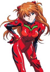 Rule 34 | 1girl, blue eyes, bodysuit, breasts, brown hair, interface headset, jpeg artifacts, long hair, lowres, medium breasts, neon genesis evangelion, official art, pilot suit, plugsuit, red bodysuit, shiny clothes, simple background, smile, solo, souryuu asuka langley, very long hair