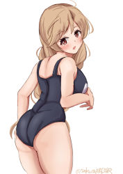 Rule 34 | 1girl, absurdres, ass, back, blue one-piece swimsuit, blush, braid, breasts, cloud hair ornament, hair between eyes, highres, kantai collection, large breasts, light brown hair, long hair, looking at viewer, looking back, low twin braids, minegumo (kancolle), one-piece swimsuit, open mouth, red eyes, sakura ab, school swimsuit, simple background, solo, swimsuit, twin braids, twitter username, white background