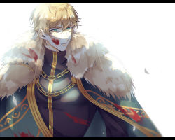 Rule 34 | 1boy, armor, blonde hair, blood, blood on clothes, blood on face, blue cape, blue eyes, cape, collared cape, fate/extra, fate/grand order, fate (series), fur collar, gawain (fate), knight, knights of the round table (fate), letterboxed, long sleeves, looking to the side, male focus, rankaku (dandanzi123), short hair, simple background, solo, upper body, white background