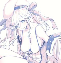 Rule 34 | 1girl, areola slip, beret, breasts, cleavage, collarbone, cucouroux (granblue fantasy), granblue fantasy, hair ribbon, hat, koza game, long hair, monochrome, ribbon, simple background, sitting, solo, swept bangs, twintails, white background