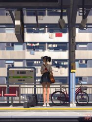Rule 34 | 1girl, bicycle, black hair, blue skirt, blurry, blurry background, building, bysau, cellphone, chair, commentary, earphones, english commentary, highres, holding, holding phone, instrument case, original, outdoors, phone, ponytail, railing, shirt, short hair, short sleeves, skirt, smartphone, solo, standing, sunlight, train station, train station platform, visor cap, white shirt