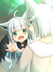 Rule 34 | 2girls, ahoge, animal ear fluff, animal ears, aobara hairi, blunt bangs, blurry, blurry background, braid, commentary, fang, fox ears, fox girl, fox tail, green eyes, hair between eyes, highres, holding, hololive, looking at another, looking at viewer, mother and daughter, multiple girls, open hand, open mouth, outstretched arm, pentagram, shirakami fubuki, shirakami fubuki (street), shirt, sidelocks, single braid, skin fang, tail, virtual youtuber, white hair, white shirt