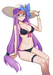 Rule 34 | 1girl, blue bow, bow, bracelet, breasts, bridal garter, fate/stay night, fate (series), glasses, hand on headwear, hat, jewelry, large breasts, long hair, low-tied long hair, medusa (fate), medusa (rider) (fate), navel, northman, purple hair, semi-rimless eyewear, sitting, solo, square pupils, swimsuit, thigh strap, very long hair, white background