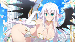 Rule 34 | 1girl, antenna hair, blue eyes, blue sky, breasts, choker, cleavage, closed mouth, cloud, collarbone, crossover, day, demon wings, elbow gloves, falling feathers, falling petals, feathers, flower, gloves, gold choker, gold trim, hair flowing over, hair ribbon, high school dxd, highres, large breasts, leaf, leaning forward, leotard, long hair, looking at viewer, official art, outdoors, petals, pillar, pink ribbon, ribbon, rossweisse, senran kagura, senran kagura new link, sky, solo, standing, thighhighs, very long hair, white flower, white gloves, white hair, white leotard, white thighhighs, wings, yaegashi nan, yellow flower