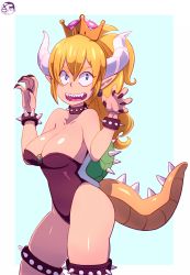 Rule 34 | 1girl, armlet, arttmadness, bad id, bad pixiv id, bare shoulders, blonde hair, blue background, blue eyes, bowsette, bracelet, breasts, cleavage, collar, crown, highres, horns, jewelry, large breasts, leotard, long hair, looking at viewer, mario (series), new super mario bros. u deluxe, nintendo, open mouth, pointy ears, ponytail, sharp teeth, simple background, smile, solo, spiked armlet, spiked bracelet, spiked collar, spiked legband, spikes, standing, super crown, tail, teeth