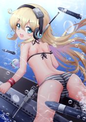 Rule 34 | 1girl, :d, air bubble, albacore (azur lane), ass, azur lane, bare shoulders, bikini, blonde hair, blush, bubble, cameltoe, commentary request, day, green eyes, hair between eyes, halterneck, has bad revision, has downscaled revision, headphones, highres, isa, long hair, looking at viewer, looking back, md5 mismatch, open mouth, outdoors, resolution mismatch, shoulder blades, side-tie bikini bottom, smile, solo, source smaller, star (symbol), star in eye, string bikini, striped bikini, striped clothes, swimsuit, symbol in eye, torpedo, underwater, v-shaped eyebrows, very long hair, water, wristband