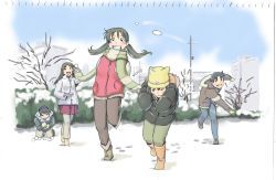 Rule 34 | 2boys, 3girls, animal hat, blush, boots, earmuffs, fur trim, gloves, happy, hat, jacket, mittens, multiple boys, multiple girls, original, outdoors, playing, scarf, skirt, snow, snowball, snowball fight, twintails, watage chaya