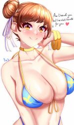 Rule 34 | 1girl, anisdrawn, bikini, blue bikini, blush, bracelet, breasts, brown hair, capcom, chun-li, collarbone, commentary, front-tie bikini top, front-tie top, hair bun, hair ribbon, heart, highres, jewelry, large breasts, looking at viewer, navel, neck ring, nose blush, ribbon, short hair, simple background, skindentation, smile, solo, stomach, street fighter, street fighter 6, swimsuit, upper body, white background, white ribbon, yellow eyes