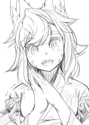 Rule 34 | 1girl, animal ear fluff, animal ears, arrow (symbol), blush, facial mark, female focus, flat chest, fox ears, fox girl, greyscale, hands up, happy, head tilt, highres, japanese clothes, kame (3t), kimono, light blush, long sleeves, monochrome, open mouth, original, own hands together, short hair, sidelocks, simple background, sketch, smile, solo, straight-on, swept bangs, teeth, upper body, whisker markings, white background, wide-eyed, yhun-chan (kame (3t))
