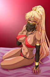 Rule 34 | 1girl, blonde hair, breasts, bridal gauntlets, dark-skinned female, dark skin, earrings, female focus, harem outfit, highres, jewelry, large breasts, long hair, looking at viewer, midriff, mouth veil, navel, o-ring, o-ring top, parted lips, ponytail, see-through, shasha, smile, solo, tiara, veil, yellow eyes