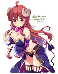 Rule 34 | 1girl, ahoge, black panties, black thighhighs, blue collar, blue sleeves, blush, bow, bowtie, breast hold, breasts, brown eyes, brown hair, cleavage, collar, commentary, crop top, cropped legs, curled horns, dated, demon girl, demon horns, demon tail, detached collar, detached sleeves, fang, frilled sleeves, frills, horns, large breasts, leaning forward, light frown, long hair, looking at viewer, machikado mazoku, navel, odawara hakone, open mouth, panties, red bow, red bowtie, skindentation, solo, strapless, tail, tearing up, thighhighs, twitter username, underwear, waist cape, wing collar, yoshida yuuko (machikado mazoku)