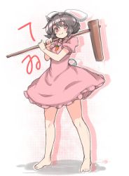 Rule 34 | 1girl, :3, ahoge, animal ears, barefoot, black hair, carrot necklace, character name, dress, eyebrows, full body, inaba tewi, looking at viewer, mallet, necklace, ototobe, pink eyes, rabbit ears, rabbit girl, rabbit tail, short hair, silhouette, sketch, smile, solo, standing, tail, thick eyebrows, touhou