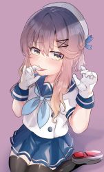 Rule 34 | 1girl, bad id, bad twitter id, black thighhighs, blue neckerchief, blue ribbon, blue sailor collar, blue skirt, full body, gloves, gradient hair, hat, kantai collection, licking, looking at viewer, miyako (rgrayt), multicolored hair, neckerchief, orange hair, pleated skirt, puffy short sleeves, puffy sleeves, purple background, purple eyes, purple hair, ribbon, sailor collar, sailor hat, school uniform, serafuku, short hair, short hair with long locks, short sleeves, sidelocks, simple background, skirt, solo, thighhighs, tongue, tongue out, tsushima (kancolle), white gloves, white hat