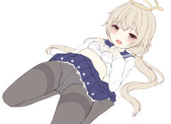Rule 34 | 1girl, absurdres, blue archive, blue sailor collar, blue skirt, blush, bra, breasts, brown eyes, brown hair, clothes lift, grey pantyhose, hair between eyes, halo, hifumi (blue archive), highres, lifting own clothes, long hair, long sleeves, looking at viewer, low twintails, lying, no shoes, on back, open mouth, panties, pantyhose, pleated skirt, sailor collar, sakuraba hikaru (loveindog), school uniform, serafuku, shirt, shirt lift, simple background, skirt, sleeves past wrists, small breasts, soles, solo, teeth, thighband pantyhose, twintails, underwear, upper teeth only, very long hair, white background, white bra, white panties, white shirt