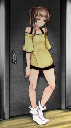 Rule 34 | 1girl, against wall, aoshima, bare legs, bare shoulders, blunt bangs, brown eyes, brown hair, collarbone, door, expressionless, hair bobbles, hair ornament, highres, looking down, no shoes, off shoulder, original, short hair, short twintails, sidelocks, socks, solo, twintails