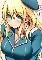 Rule 34 | 10s, 1girl, atago (kancolle), bad id, bad pixiv id, beret, blonde hair, blue eyes, blue hat, blue jacket, breasts, cleavage, commentary request, eyebrows, from above, gradient background, hair between eyes, hat, jacket, kantai collection, large breasts, long hair, looking at viewer, no shirt, sidelocks, simple background, sketch, smile, solo, upper body, v arms, yoiyoi (kannkann100)