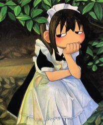 Rule 34 | 1girl, apron, black dress, black eyes, black hair, blush, bored, branch, commentary, dress, elbows on knees, explosion psycho, half-closed eyes, hand on own chin, head rest, highres, leaf, leaning forward, looking to the side, maid, maid apron, maid headdress, medium hair, on ground, original, outdoors, painting (medium), short sleeves, sidelighting, sitting, solo, symbol-only commentary, traditional media, twintails