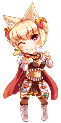 Rule 34 | 1girl, animal ears, armor, bell, blonde hair, blush, boots, bow, breasts, brown skirt, brown thighhighs, cleavage, closed mouth, commentary request, cross-laced footwear, double bun, flask, food, fox ears, full body, genetic (ragnarok online), hair bell, hair bow, hair bun, hair ornament, holding, holding plate, holding spoon, jingle bell, looking at viewer, medium breasts, midriff, miniskirt, one eye closed, pauldrons, pink eyes, plate, pudding, ragnarok online, red bow, round-bottom flask, short hair, shoulder armor, simple background, sion (blackhorse), skirt, smile, solo, spoon, standing, thighhighs, vambraces, white background, white footwear