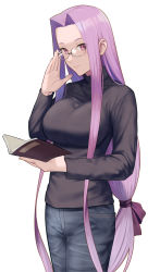 Rule 34 | 1girl, black sweater, blue pants, blush, book, breasts, denim, fate/stay night, fate (series), forehead, glasses, highres, holding, holding book, jeans, large breasts, long hair, long sleeves, looking at viewer, low-tied long hair, medusa (fate), medusa (rider) (fate), official alternate costume, pants, parted bangs, purple eyes, purple hair, sidelocks, simple background, smile, sweater, tsuchifumazu, turtleneck, turtleneck sweater, very long hair, white background