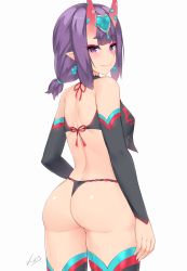 Rule 34 | 1girl, ass, chinese clothes, closed mouth, dudou, earrings, fate/grand order, fate (series), from behind, heart, heart-shaped pupils, highres, horns, jewelry, kuavera, looking at viewer, looking back, oni, pointy ears, purple eyes, purple hair, short hair, shuten douji (fate), shuten douji (fate/grand order), shuten douji (halloween caster) (fate), signature, simple background, skin-covered horns, smile, solo, symbol-shaped pupils, thighhighs, white background