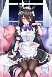 Rule 34 | 1girl, ahoge, alternate costume, animal ears, apron, back bow, bad id, bad pixiv id, black dress, black hair, black pantyhose, blush, bow, bowtie, center frills, closed mouth, collared dress, commentary, couch, dress, ear piercing, enmaided, frilled dress, frilled sleeves, frills, hair between eyes, hand in own hair, heart, horse ears, horse girl, horse tail, indoors, long bangs, long hair, looking at viewer, maid, maid apron, manhattan cafe (umamusume), on couch, pantyhose, piercing, pillow, puffy short sleeves, puffy sleeves, purple bow, purple bowtie, shirokuma a, short dress, short sleeves, sitting, smile, solo, tail, translated, umamusume, very long hair, white apron, white bow, white hair, window, wrist cuffs, yellow eyes