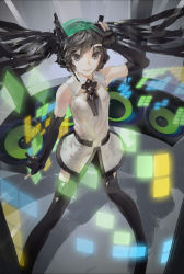 Rule 34 | 1girl, aituoku, alternate color, bad id, bad pixiv id, black eyes, black hair, elbow gloves, fingerless gloves, floating hair, gloves, hatsune miku, solo, thighhighs, twh (artist), twintails, vocaloid