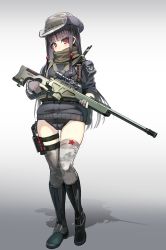 Rule 34 | 1girl, absurdres, battlefield (series), battlefield 4, blush, cowboy hat, gloves, gluteal fold, grey gloves, gun, hat, highres, holding, holding gun, holding weapon, jacket, long hair, looking at viewer, ookuma nekosuke, purple hair, red eyes, rifle, scarf, sniper rifle, solo, thigh strap, thighhighs, weapon