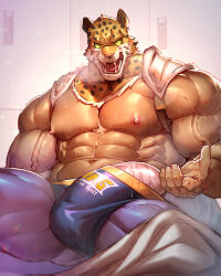 Rule 34 | 1boy, abs, animal ears, animal head, bara, beckoning, bulge, come hither, erection, erection under clothes, highres, huge pectorals, jaguar boy, jaguar ears, king (tekken), large bulge, locker, locker room, looking at viewer, male focus, muscular, muscular male, navel, nipples, outstretched hand, solo, spandex, strongman waist, sweat, tekken, thick thighs, thighs, topless male, very sweaty, vorusu, wrestling outfit