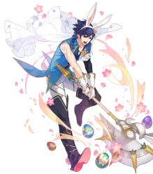 Rule 34 | 1boy, animal ears, axe, blue eyes, blue hair, cape, chrom (fire emblem), chrom (spring) (fire emblem), ebira, fire emblem, fire emblem awakening, fire emblem heroes, full body, gloves, highres, male focus, nintendo, official art, rabbit ears, short hair, simple background, smile, solo, transparent background, weapon