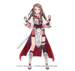 1girl alternate_costume arm_guards armor asymmetrical_legwear breastplate brown_eyes brown_hair choker clenched_hands closed_mouth copyright_notice fire_emblem fire_emblem_fates fire_emblem_heroes full_body hana_(fire_emblem) hana_(resplendent)_(fire_emblem) hands_up headband japanese_clothes katana long_hair long_sleeves looking_at_viewer nintendo official_art pelvic_curtain sandals sheath sheathed shiny_skin sidelocks smile solo sword thigh_strap toeless_legwear toenails toes weapon white_background yuko_(uc_yuk)