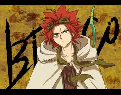 Rule 34 | 1boy, akaboshi bisco, bow (weapon), brown scarf, character name, closed mouth, collarbone, facial tattoo, frown, goggles, goggles on head, green eyes, hooded robe, ikuris, letterboxed, male focus, red hair, robe, sabikui bisco, scarf, spiky, tattoo, upper body, weapon, weapon on back, white robe