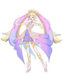 Rule 34 | 1girl, ;d, blonde hair, blue hair, crown, dress, full body, gold trim, gradient hair, hand up, high heels, himeme (pretty series), long hair, looking at viewer, multicolored hair, official art, one eye closed, open mouth, outstretched arms, pink eyes, pink hair, pretty series, purple dress, purple footwear, second-party source, simple background, smile, solo, spread arms, standing, twintails, very long hair, waccha primagi!, waccha primagi! studio