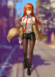 Rule 34 | 1girl, absurdres, ankle boots, arms at sides, belt, black pantyhose, black shorts, blurry, boots, brown jacket, character name, collared shirt, depth of field, full body, hair between eyes, highres, jacket, long hair, makise kurisu, necktie, open clothes, open jacket, open mouth, orange hair, pantyhose, pantyhose under shorts, purple eyes, red necktie, renyu1012, shirt, shirt tucked in, short shorts, shorts, solo, standing, steins;gate, white shirt