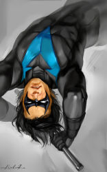 Rule 34 | 1boy, black hair, bodysuit, dc comics, dick grayson, domino mask, escrima stick, gloves, highres, male focus, mask, nightwing, signature, simple background, solo, teeth, upside-down