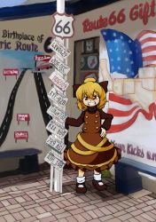 Rule 34 | 1girl, absurdres, american flag, blonde hair, highres, kide koushin, kurodani yamame, license plate, long sleeves, looking at viewer, mary janes, route 66, shoes, smile, touhou