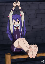 Rule 34 | 1girl, absurdres, barefoot, bdsm, blue hair, bondage, bound, bound ankles, bound wrists, breasts, brown eyes, cloth gag, fairy tail, gag, gagged, highres, improvised gag, legs, over the mouth gag, shadow xcp, wendy marvell