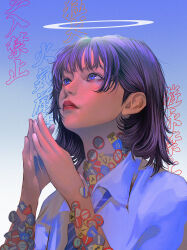 Rule 34 | 1girl, blue necktie, blue shirt, brown hair, closed mouth, collared shirt, halo, hands up, highres, lips, lipstick, makeup, medium hair, necktie, original, own hands together, praying, red lips, road sign, shirt, sign, solo, striped necktie, upper body, wataboku, white shirt, wing collar