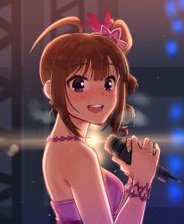 Rule 34 | 1girl, ahoge, bare shoulders, blush, bracelet, breasts, brown hair, dress, drill hair, earrings, flower earrings, from side, holding, holding microphone, idolmaster, idolmaster million live!, idolmaster million live! theater days, jewelry, kamille (vcx68), large breasts, looking at viewer, microphone, necklace, open mouth, pink dress, purple eyes, short hair, side drill, smile, solo, sweat, teeth, yokoyama nao