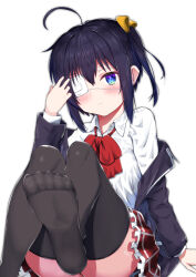 Rule 34 | 1girl, ahoge, ass, black hair, black thighhighs, blush, bow, bowtie, chuunibyou demo koi ga shitai!, eyepatch, foot out of frame, hair ribbon, hand up, highres, icho private high school uniform, long sleeves, looking at viewer, medical eyepatch, no shoes, off shoulder, one side up, plaid, plaid skirt, red bow, red bowtie, red skirt, ribbon, school uniform, shikkoku no hono mikado, shirt, short hair, simple background, sitting, skirt, soles, solo, takanashi rikka, thighhighs, white background, white shirt