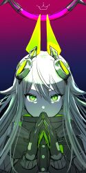 Rule 34 | 1girl, absurdres, animal ears, black gloves, black jacket, close game/offline (project sekai), commentary, drawn crown, gloves, gradient background, green eyes, green hair, hair flaps, halo, highres, jacket, kusanagi nene, long hair, long sleeves, looking at viewer, mechanical ears, mechanical halo, official alternate costume, official alternate hairstyle, own hands together, project sekai, rabbit ears, sidelocks, solo, taro14 tea, upper body, very long hair